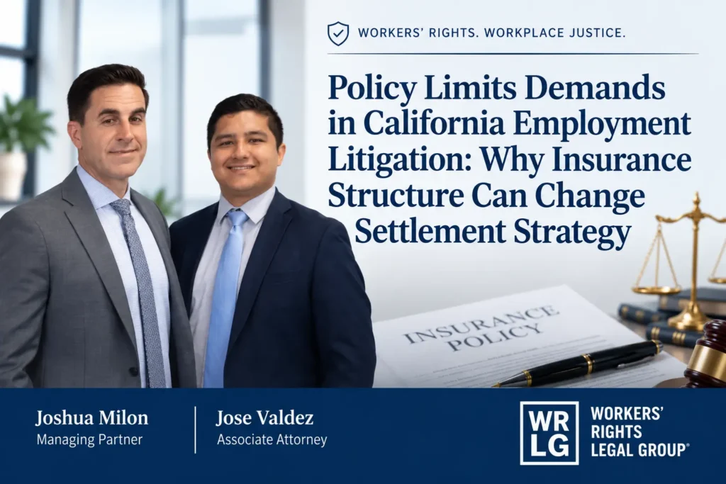 Joshua Milon and Jose Valdez of Workers’ Rights Legal Group standing beside text about policy limits demands in California employment cases.